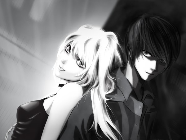 Anime picture 1600x1200 with death note madhouse yagami light amane misa wallpaper monochrome