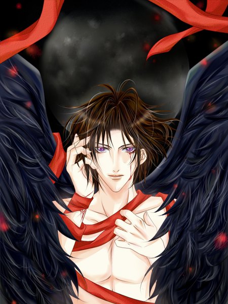 Anime picture 960x1280 with yami no matsuei j.c. staff asato tsuzuki kadukisaito single tall image looking at viewer short hair brown hair purple eyes wind hand on chest dark background hand on head muscle black wings blood on face abs injury naked ribbon