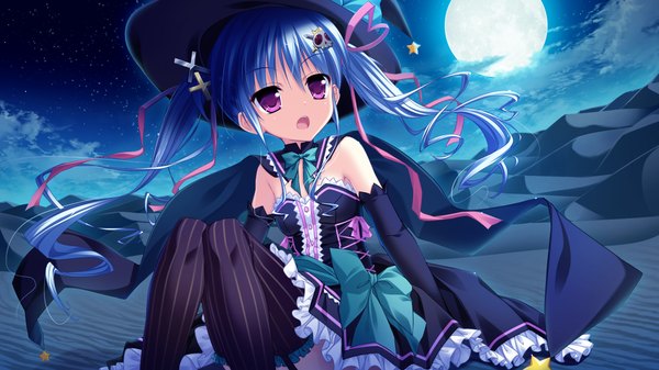Anime picture 1280x720 with magical marriage lunatics!! yamakaze ran long hair open mouth wide image purple eyes twintails blue hair game cg night loli witch girl thighhighs dress gloves hair ornament ribbon (ribbons) hair ribbon elbow gloves