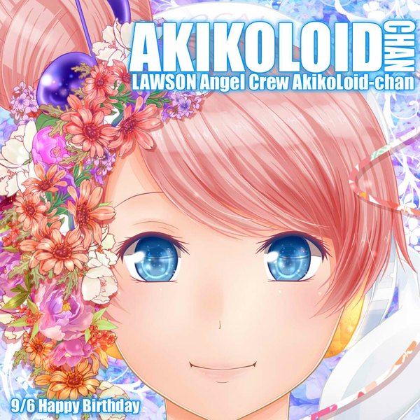 Anime picture 1000x1000 with vocaloid akikoroid-chan single looking at viewer short hair blue eyes smile pink hair face happy birthday girl hair ornament flower (flowers) headphones