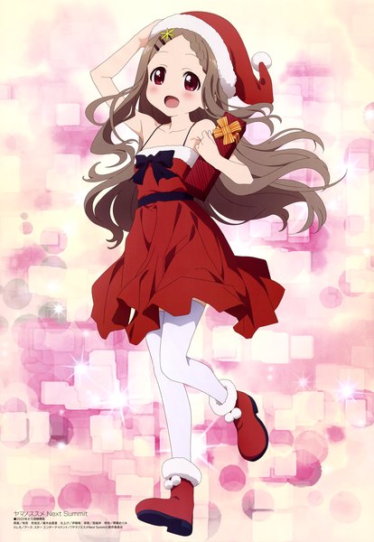 Anime picture 4094x5930 with yama no susume megami magazine 8bit aoba kokona pink x single long hair tall image looking at viewer blush highres open mouth red eyes brown hair standing holding absurdres full body arm up scan