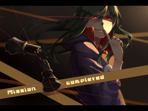 Anime picture 1280x960 with kagerou project vocaloid shaft (studio) mekakushi code (vocaloid) kido tsubomi pietani397 long hair looking at viewer red eyes green hair glowing finger to mouth letterboxed shaded face glowing eye (eyes) girl hoodie chess