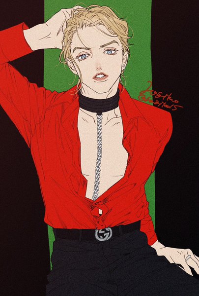 Anime picture 1181x1748 with jojo no kimyou na bouken gucci prosciutto hagiko single tall image looking at viewer short hair blue eyes blonde hair signed parted lips hand on head partially open clothes fashion boy shirt belt chain ring