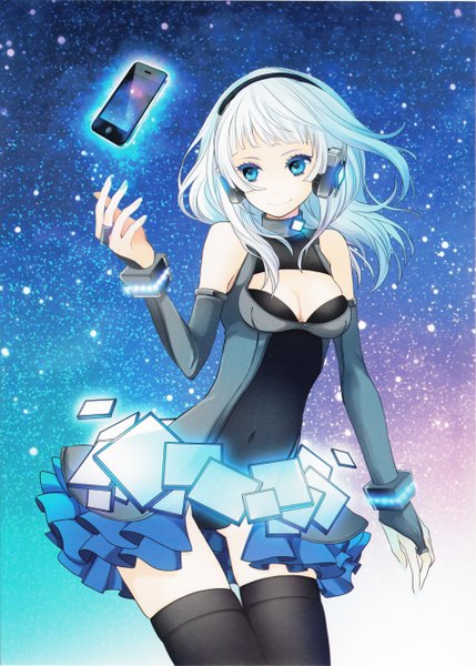Anime picture 1911x2670 with original wogura single long hair tall image highres blue eyes light erotic smile standing bare shoulders blue hair light smile space girl thighhighs black thighhighs frills headphones iphone
