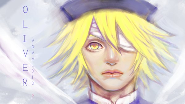Anime picture 1600x900 with vocaloid oliver yatoko fringe short hair blonde hair wide image yellow eyes hair over one eye realistic inscription portrait face bandage over one eye hat bandage (bandages)