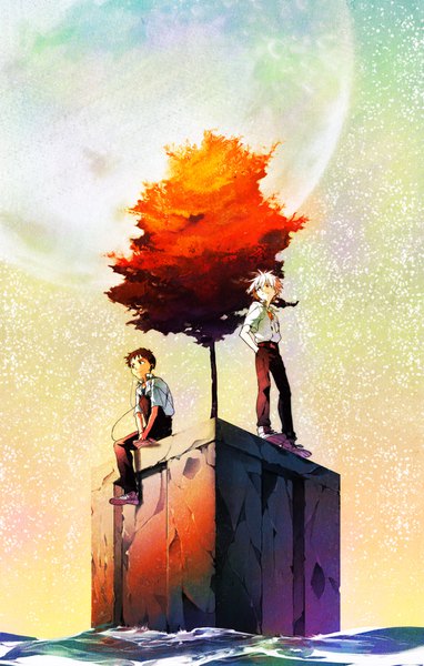 Anime picture 1000x1569 with neon genesis evangelion gainax ikari shinji nagisa kaworu hosaka dx tall image fringe short hair hair between eyes red eyes brown hair standing sitting looking away sky full body bent knee (knees) white hair multiple boys grey eyes