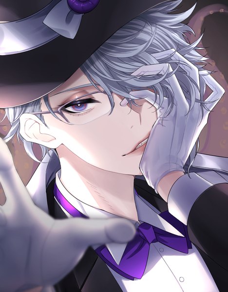 Anime picture 1275x1636 with twisted wonderland azul ashengrotto maou (demonlord) single tall image looking at viewer fringe short hair purple eyes upper body grey hair hair over one eye hand on face boy hat glasses