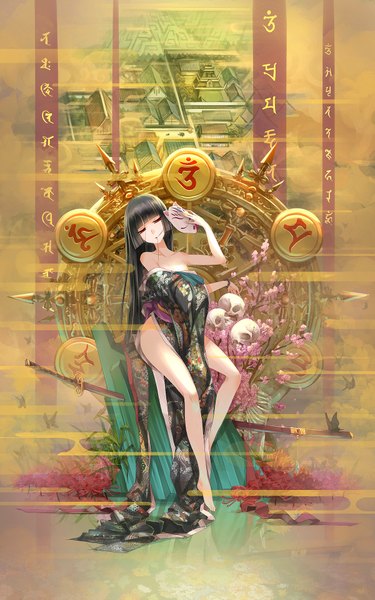 Anime picture 1200x1917 with hell girl studio deen enma ai madcocoon single long hair tall image light erotic black hair red eyes traditional clothes japanese clothes barefoot bare legs legs floral print girl flower (flowers) weapon sword