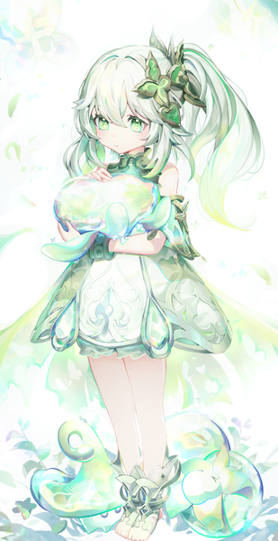 Anime picture 1736x3371 with genshin impact nahida (genshin impact) fungi (genshin impact) amir0 single long hair tall image fringe highres hair between eyes standing holding green eyes looking away silver hair full body bare legs loli side ponytail girl