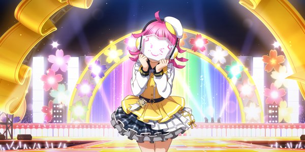 Anime picture 3600x1800 with love live! nijigasaki high school idol club sunrise (studio) love live! tennouji rina single highres short hair wide image standing holding pink hair ahoge long sleeves official art plaid skirt light covering covering face girl skirt