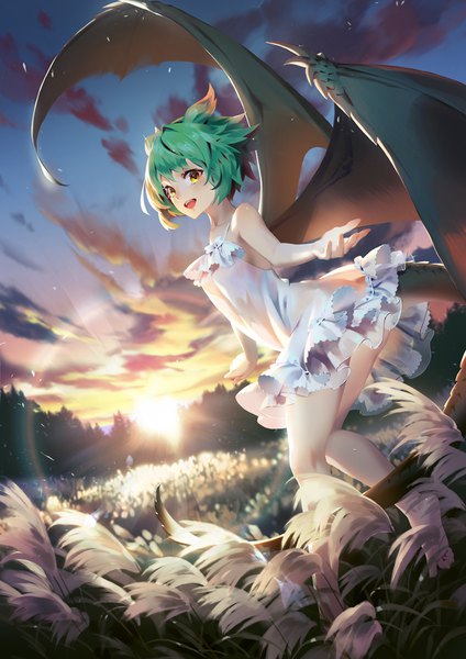 Anime picture 707x1000 with original jofang single tall image fringe short hair open mouth light erotic standing bare shoulders yellow eyes cloud (clouds) bent knee (knees) :d barefoot green hair blurry dutch angle lens flare turning head