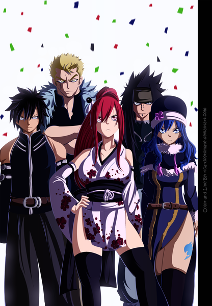 Anime picture 1500x2164 with fairy tail erza scarlet gray fullbuster juvia lockser gajeel redfox laxus dreyar ric9duran long hair tall image short hair blue eyes black hair blonde hair red eyes white background purple eyes multiple girls yellow eyes blue hair ponytail