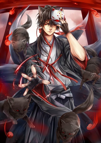 Anime picture 576x814 with original zaphylla single long hair tall image fringe black hair hair between eyes red eyes standing animal ears sky cloud (clouds) outdoors tail nail polish traditional clothes japanese clothes animal tail arm up