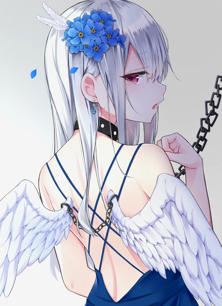 Anime picture 1397x1925 with original meimei (suiginto6106) single tall image looking at viewer blush fringe open mouth simple background hair between eyes purple eyes bare shoulders silver hair upper body profile looking back hair flower from behind gradient background back