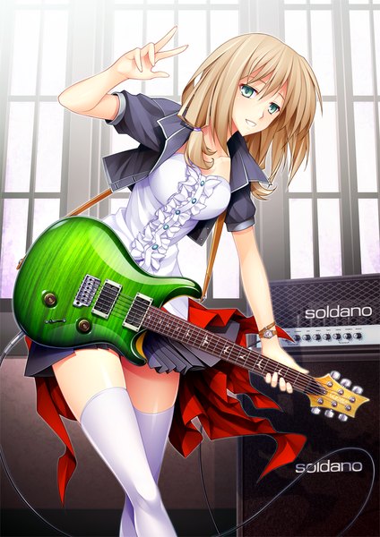 Anime picture 716x1012 with original 440 single long hair tall image looking at viewer blonde hair smile aqua eyes zettai ryouiki girl thighhighs dress white thighhighs clock guitar pocket watch speakers bass guitar