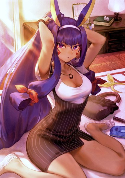 Anime picture 4911x6974 with fate (series) fate/grand order nitocris (fate) mashuu (neko no oyashiro) single long hair tall image looking at viewer fringe highres breasts open mouth hair between eyes sitting purple eyes animal ears payot absurdres purple hair ponytail