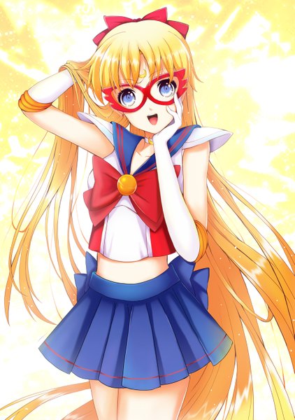 Anime picture 985x1400 with bishoujo senshi sailor moon toei animation aino minako sailor venus wang jiabo single tall image looking at viewer open mouth blue eyes blonde hair very long hair bare belly hand on cheek girl gloves bow hair bow glasses elbow gloves