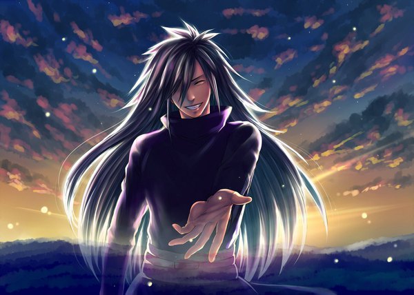 Anime picture 1500x1071 with naruto studio pierrot naruto (series) uchiha madara eagiel single long hair black hair smile sky cloud (clouds) eyes closed evening sunset outstretched hand boy