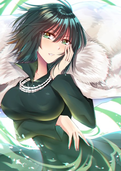 Anime-Bild 3507x4960 mit one-punch man madhouse fubuki (one-punch man) gu li single tall image looking at viewer blush fringe highres short hair breasts light erotic simple background hair between eyes large breasts green eyes absurdres parted lips head tilt
