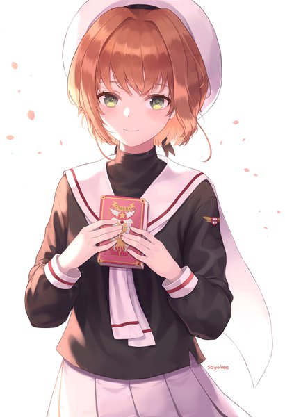 Anime picture 1200x1754 with card captor sakura clamp kinomoto sakura soyubee single tall image looking at viewer blush fringe short hair simple background smile brown hair white background green eyes signed wind shaded face girl uniform
