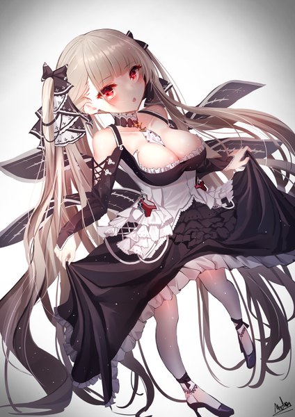 Anime picture 2100x2970 with azur lane formidable (azur lane) mecha (alswp) single tall image looking at viewer blush fringe highres breasts open mouth light erotic simple background red eyes large breasts standing twintails signed full body blunt bangs