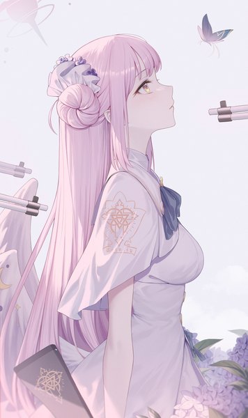 Anime picture 2376x4000 with blue archive mika (blue archive) roi (liu tian) single long hair tall image fringe highres breasts simple background standing white background yellow eyes looking away pink hair blunt bangs profile hair flower hair bun (hair buns) looking up