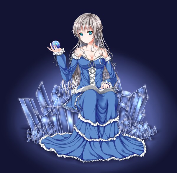 Anime picture 3500x3420 with original wsman single long hair highres blue eyes sitting bare shoulders absurdres silver hair blue background girl dress detached sleeves crystal