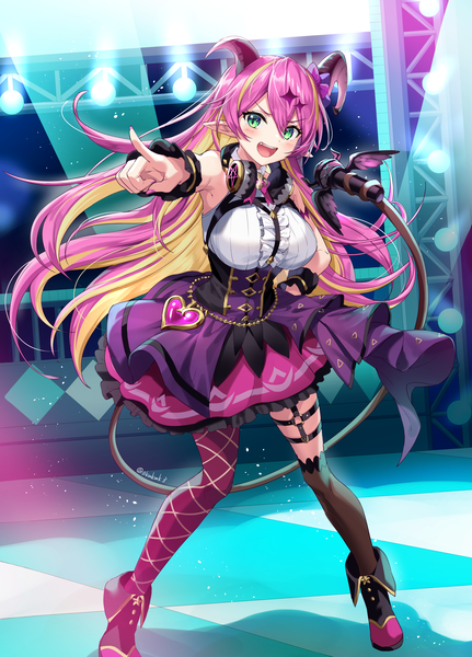 Anime-Bild 2646x3679 mit virtual youtuber hololive mano aloe akamoku single long hair tall image fringe highres open mouth hair between eyes green eyes signed pink hair full body tail :d multicolored hair horn (horns) pointy ears