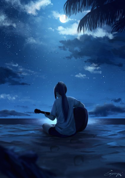 Anime picture 993x1404 with love live! sunshine!! sunrise (studio) love live! matsuura kanan papi (papiron100) single long hair tall image black hair sitting signed payot cloud (clouds) full body outdoors ponytail from behind night night sky beach