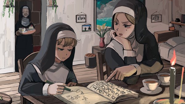 Anime-Bild 2048x1152 mit little nuns (diva) protagonist nun (diva) scowly nun (diva) mother superior (diva) diva (hyxpk) highres short hair open mouth blue eyes blonde hair wide image standing sitting multiple girls holding looking away indoors long sleeves mole mole under eye