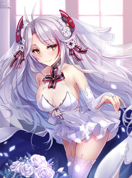 Anime picture 800x1078 with azur lane prinz eugen (azur lane) prinz eugen (symphonic fate) (azur lane) yuemanhuaikong single long hair tall image looking at viewer blush fringe breasts light erotic smile standing bare shoulders brown eyes payot silver hair ahoge multicolored hair