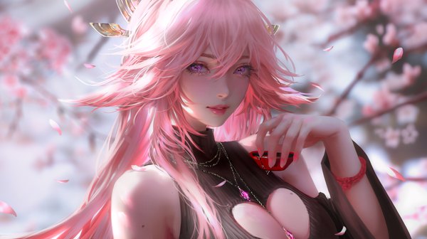 Anime picture 6956x3897 with genshin impact yae miko nixeu single long hair looking at viewer fringe highres breasts light erotic hair between eyes wide image large breasts purple eyes bare shoulders holding animal ears pink hair absurdres upper body
