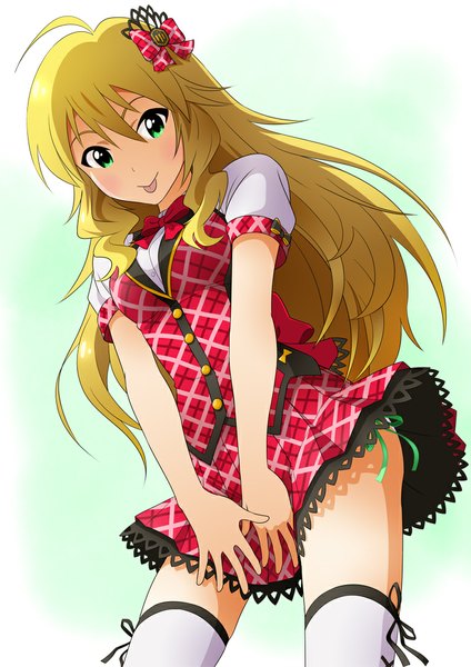 Anime picture 765x1082 with idolmaster hoshii miki sunsun69 single long hair tall image blonde hair green eyes :p girl thighhighs dress hair ornament white thighhighs tongue