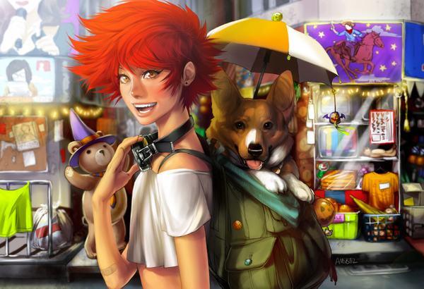 Anime picture 1063x727 with cowboy bebop sunrise (studio) edward wong hau pepelu tivrusky iv ein (cowboy bebop) amsbt looking at viewer open mouth smile bare shoulders brown eyes yellow eyes red hair midriff street welsh corgi girl animal witch hat goggles bandaid