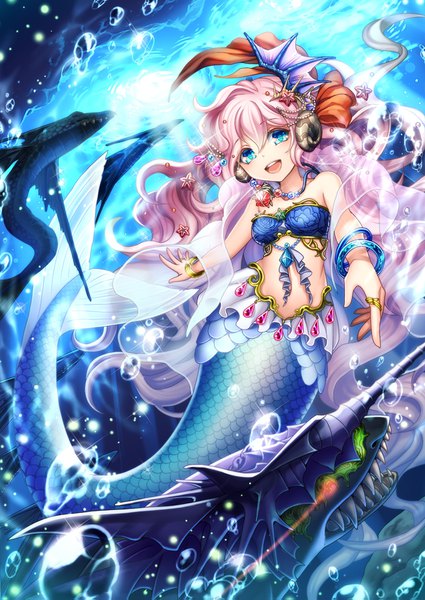 Anime picture 1200x1695 with original tokikane mikan single long hair tall image looking at viewer fringe open mouth blue eyes smile hair between eyes pink hair full body teeth sparkle girl hair ornament earrings animal water