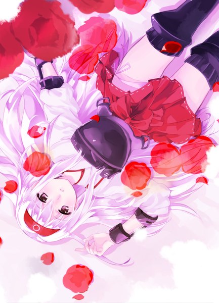 Anime picture 1197x1657 with kantai collection shoukaku aircraft carrier asamiko single long hair tall image blush purple eyes white hair lying girl thighhighs flower (flowers) petals hairband armor