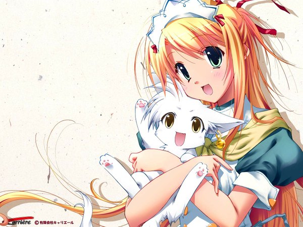 Anime picture 1600x1200 with ouka carriere sorune kokonoka long hair blush open mouth simple background blonde hair white background holding green eyes yellow eyes wallpaper girl animal bell cat bonnet