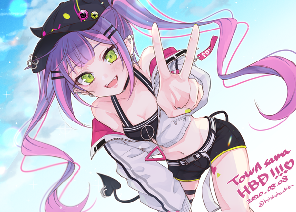 Anime picture 1590x1143 with virtual youtuber hololive tokoyami towa tokoyami towa (1st costume) dakuryuu single long hair looking at viewer open mouth twintails green eyes signed cleavage purple hair tail nail polish :d multicolored hair pointy ears midriff