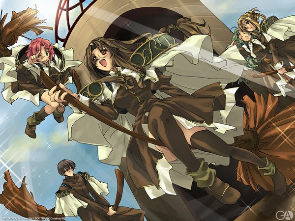 Anime picture 1024x768 with gagraphic malino (dream maker) long hair short hair open mouth blonde hair brown hair multiple girls pink hair :d green hair sunlight sparkle victory broom riding girl thighhighs boy glasses 4 girls