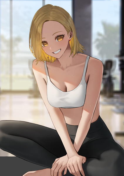 Anime picture 1213x1723 with original kunitomi ryouka hara kenshi single tall image looking at viewer fringe short hair breasts blonde hair smile sitting bare shoulders yellow eyes cleavage indoors barefoot blurry sweat depth of field