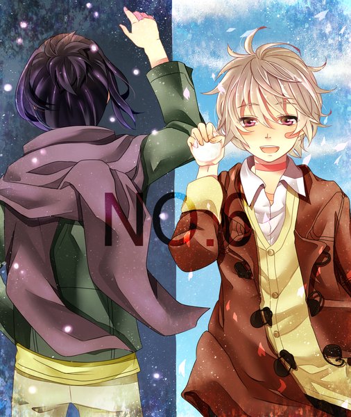 Anime picture 1350x1600 with no.6 studio bones nezumi (no.6) shion (no.6) made (pixiv) tall image short hair open mouth purple hair white hair pink eyes from behind night facial mark face paint boy scarf coat