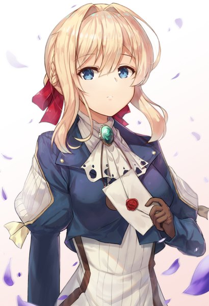 Anime picture 1300x1900 with violet evergarden kyoto animation violet evergarden (character) motokonut single long hair tall image looking at viewer fringe breasts blue eyes simple background blonde hair hair between eyes white background holding payot upper body braid (braids) long sleeves