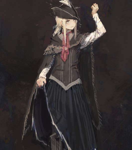 Anime picture 1772x2008 with bloodborne from software lady maria of the astral clocktower shion (mirudakemann) single long hair tall image blush highres simple background blonde hair holding yellow eyes payot looking away ponytail arm up dark background looking up skirt lift