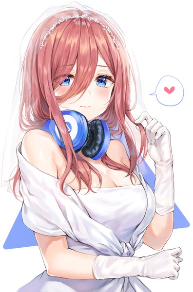 Anime picture 1878x2846 with go-toubun no hanayome nakano miku tokkyu single long hair tall image looking at viewer blush fringe highres breasts blue eyes simple background hair between eyes brown hair standing white background bare shoulders holding payot
