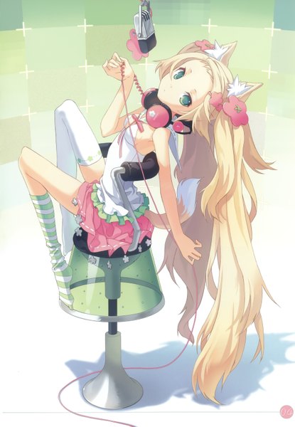 Anime picture 2098x3031 with original blonde blossom (artbook) h2so4 single long hair tall image looking at viewer highres blonde hair bare shoulders animal ears tail animal tail hair flower aqua eyes scan fox ears fox tail headphones around neck girl