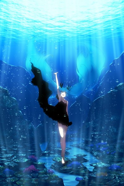 Anime picture 1600x2400 with vocaloid shinkai shoujo (vocaloid) hatsune miku haruyo (imokenp) single tall image open mouth blue eyes twintails blue hair very long hair barefoot underwater girl dress water black dress bubble (bubbles) coral