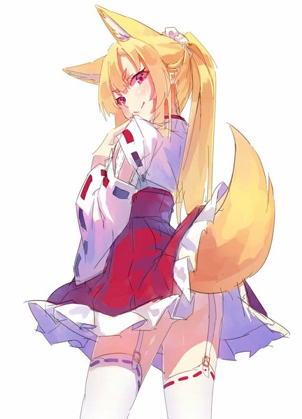 Anime picture 720x1000 with original yasumo (kuusouorbital) single long hair tall image looking at viewer fringe light erotic simple background blonde hair smile white background animal ears ponytail tail animal tail pink eyes looking back fox ears finger to mouth
