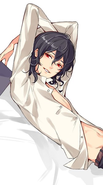 Anime picture 755x1352 with ensemble stars! sakuma rei (ensemble stars!) melon z single tall image looking at viewer fringe short hair black hair simple background hair between eyes red eyes white background parted lips open shirt arms behind head boy shirt white shirt book (books)