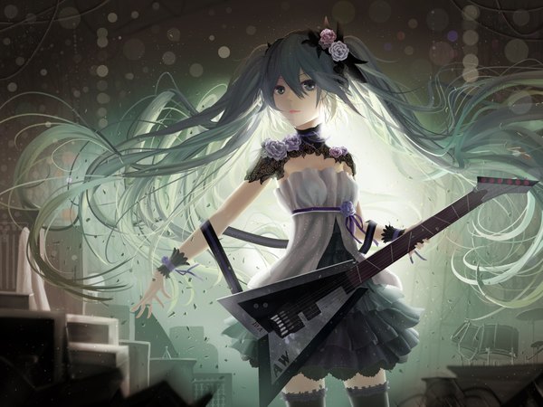 Anime picture 4000x3000 with vocaloid hatsune miku angeloswingies single looking at viewer highres twintails absurdres very long hair hair flower aqua eyes aqua hair wavy hair girl thighhighs dress hair ornament flower (flowers) black thighhighs frills