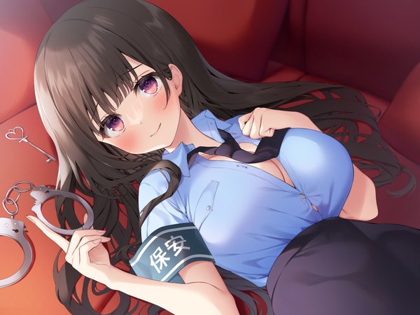Anime picture 3000x2250 with original navy (navy.blue) single long hair looking at viewer blush fringe highres breasts light erotic black hair smile large breasts purple eyes indoors lying blunt bangs on back hieroglyph partially open clothes